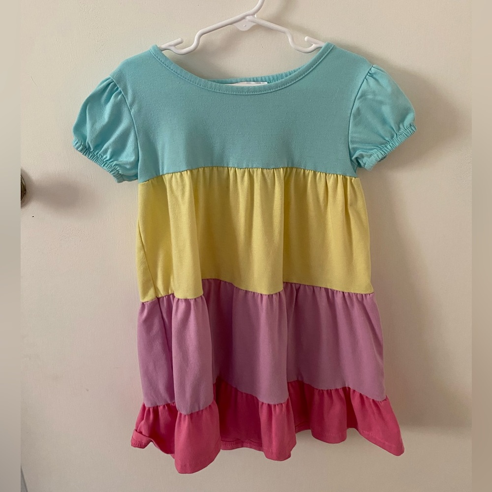Light Turquoise & Pink Color Block Tiered A-Line Dress